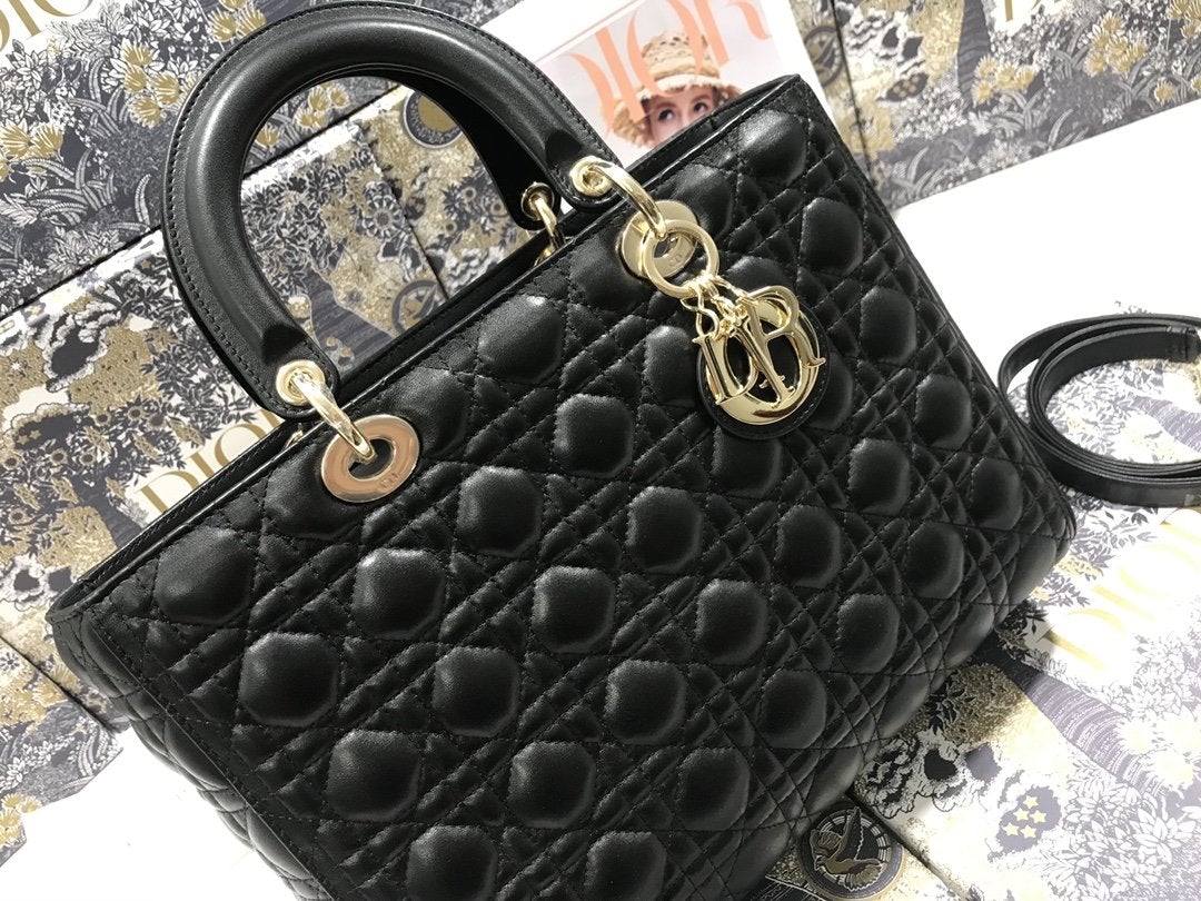 DIOR LARGE LADY BAG 32CM BLACK CANNAGE LAMBSKIN