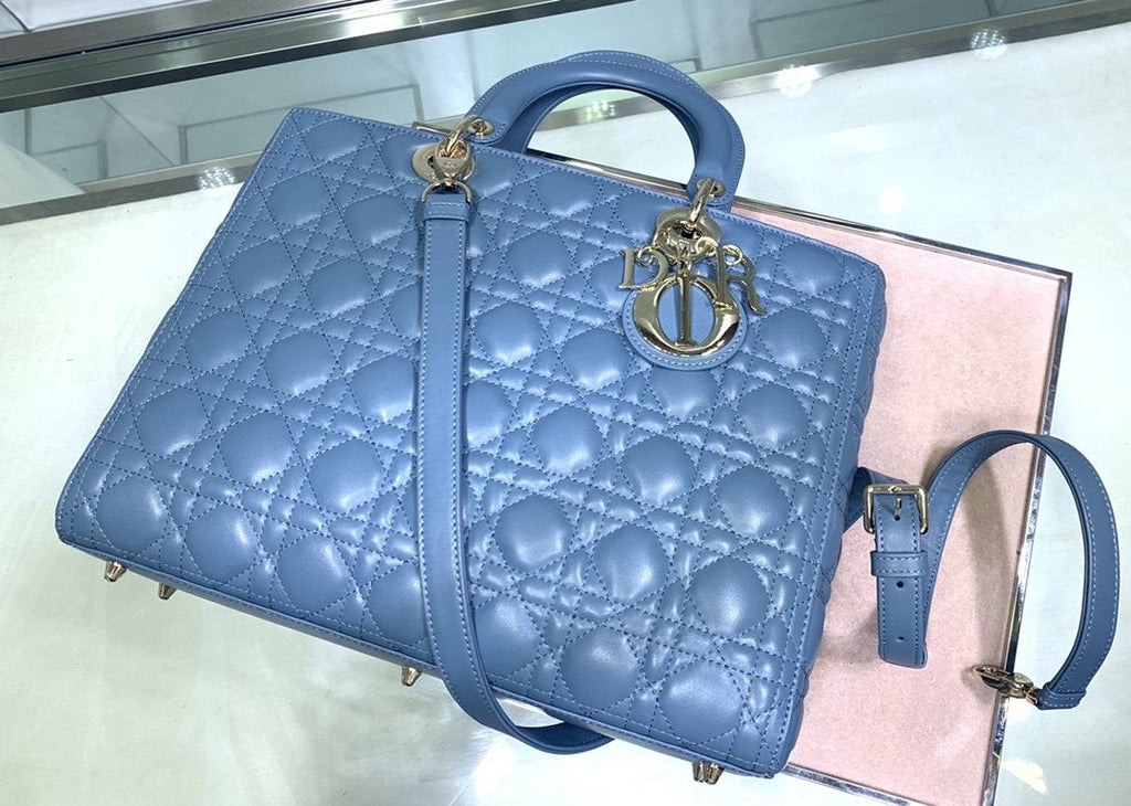 DIOR LARGE LADY BAG 32CM BLUE CANNAGE LAMBSKIN