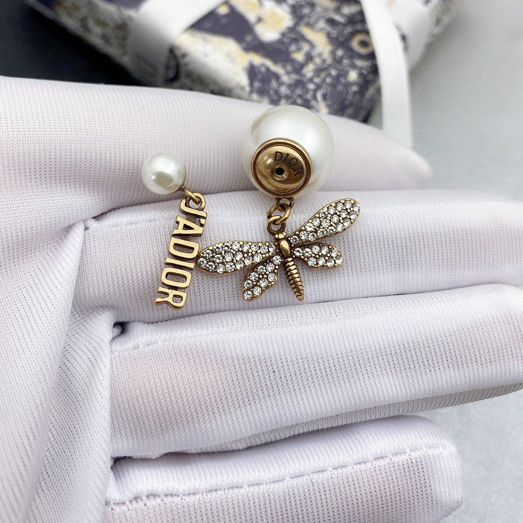 18K Dior Dragonfly/ Butterfly Pearl Earrings