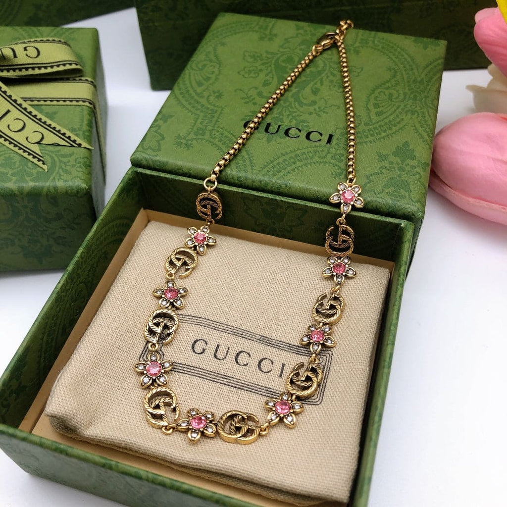18K Double Gucci Interlocking Gucci Red Flowers Necklace