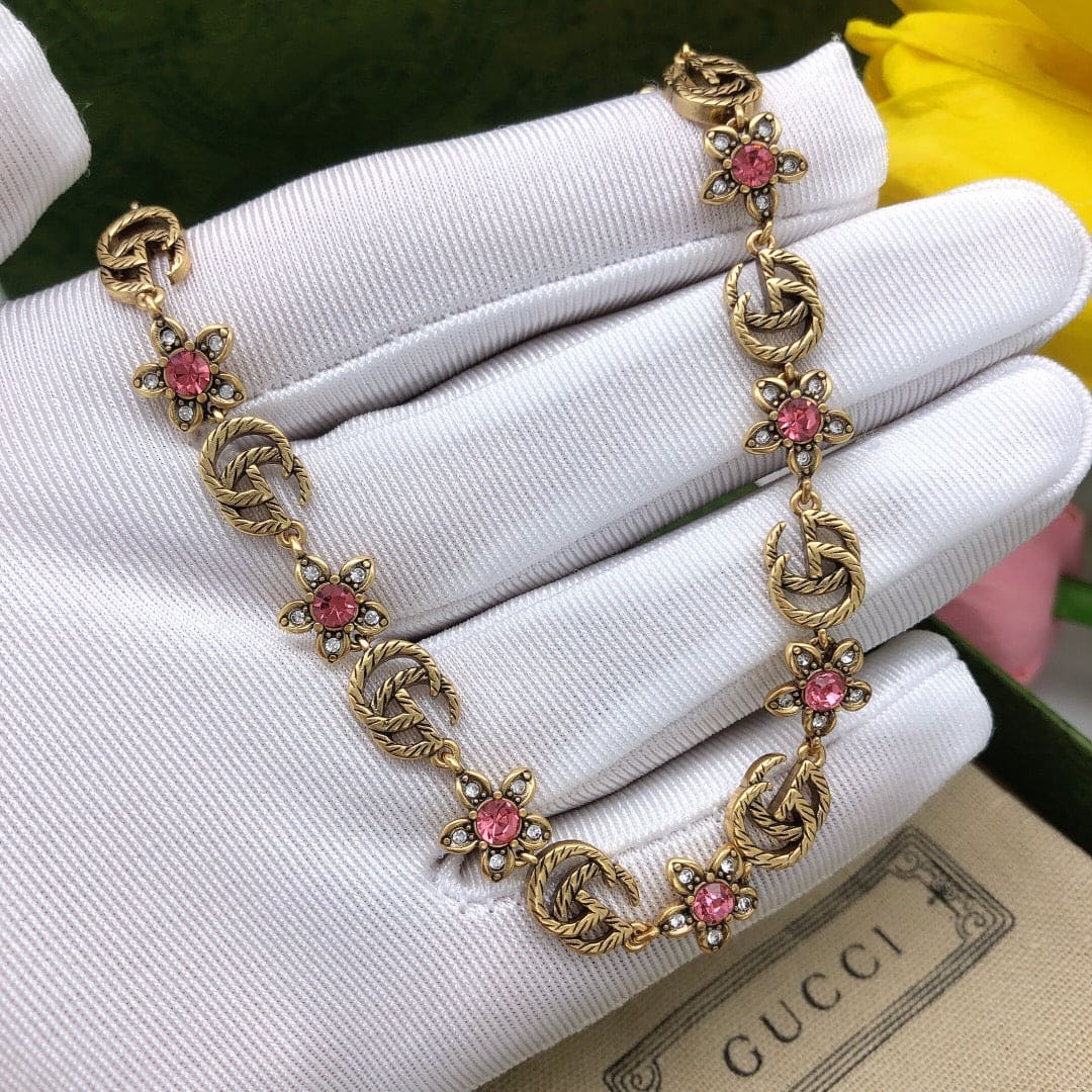 18K Double Gucci Interlocking Gucci Red Flowers Necklace