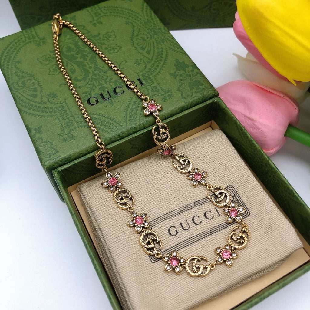 18K Double Gucci Interlocking Gucci Red Flowers Necklace