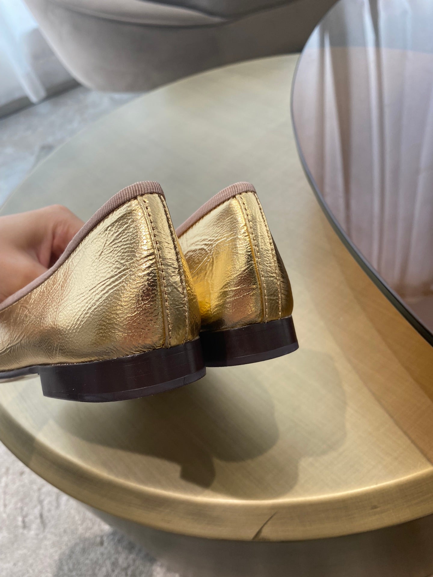 CHANEL BALLET FLATS GOLD BLACK LAMBSKIN CANVAS