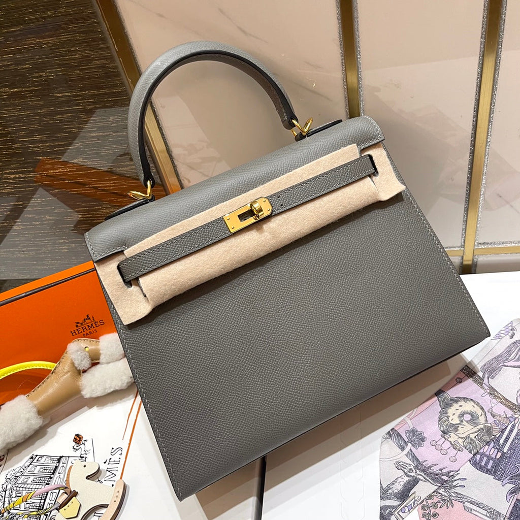 HERMES KELLY 25CM GRIS MOUETTE EPSOM LEATHER GOLD HARDWARE