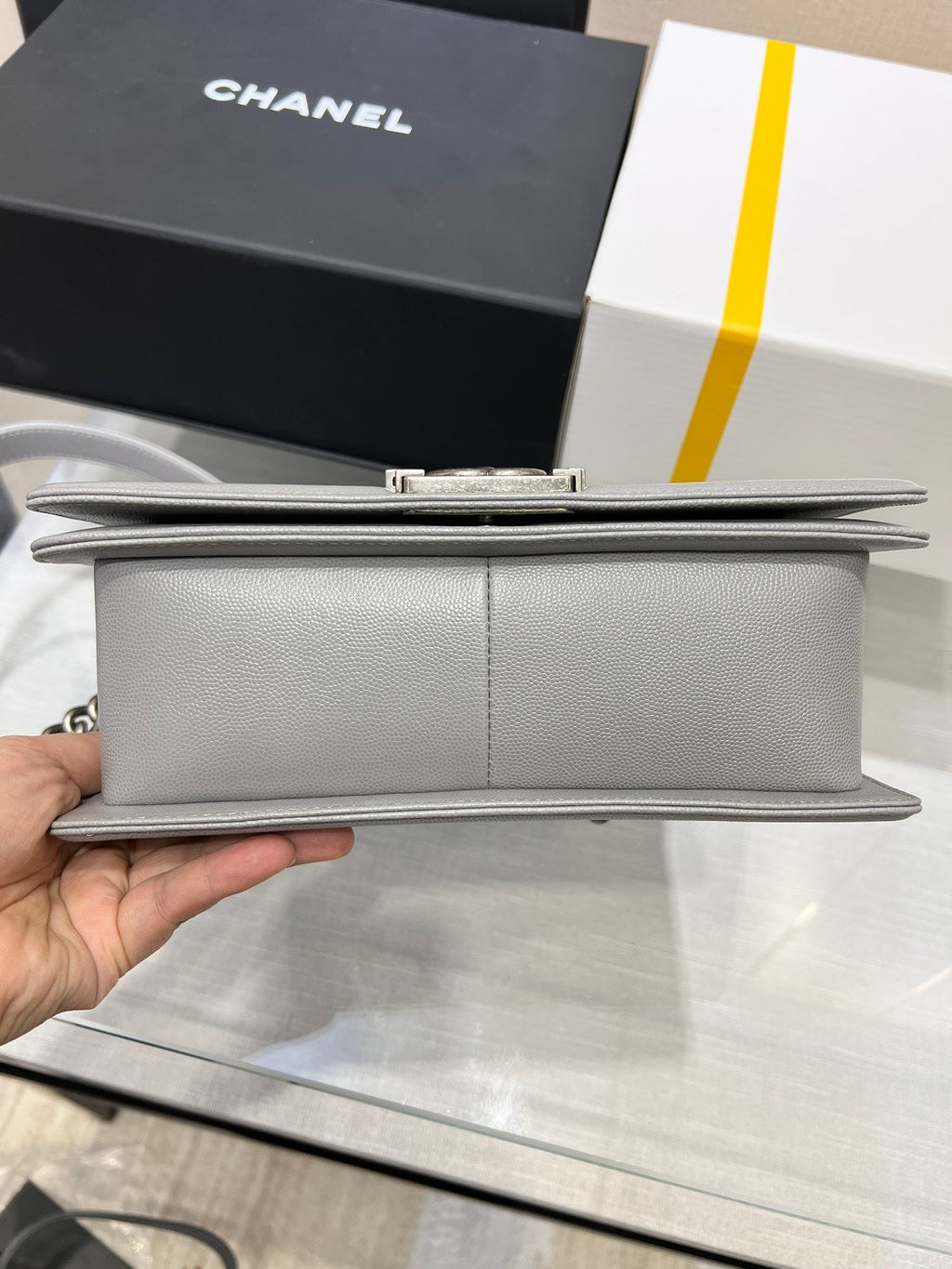 CHANEL BOY BAG MEDIUM 25 GREY CAVIAR RUTHENIUM HARDWARE