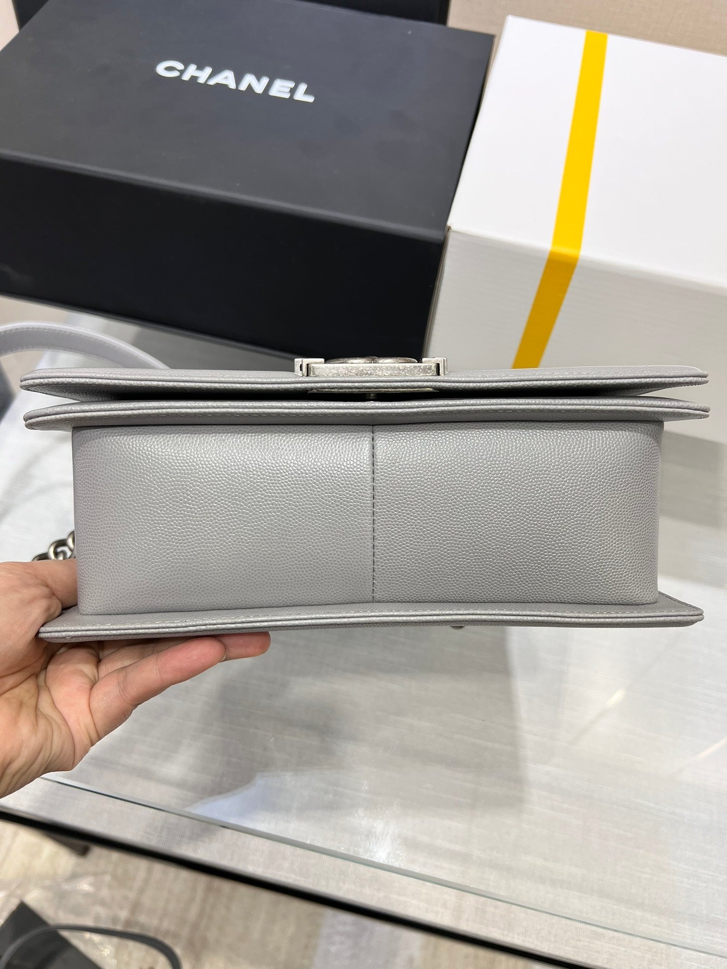 CHANEL BOY BAG MEDIUM 25 GREY CAVIAR RUTHENIUM HARDWARE