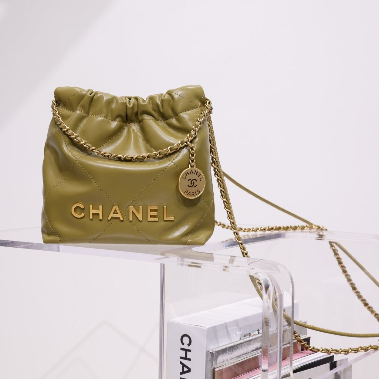 CHANEL HOBO BAG 22 KHAKI LAMBSKIN GOLD HARDWARE 20CM