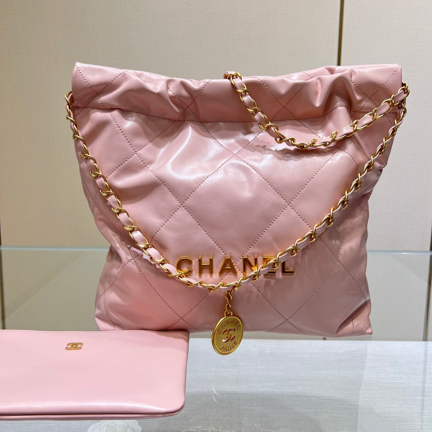CHANEL HOBO BAG 22 PINK LAMBSKIN GOLD HARDWARE