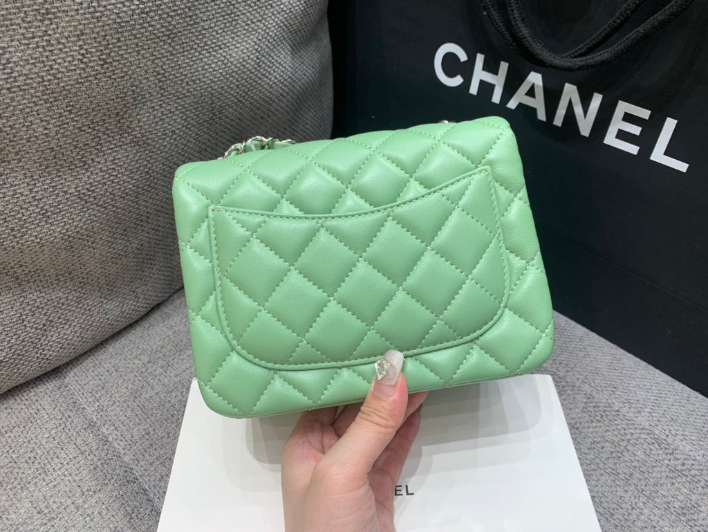 CHANEL MINI SQUARE FLAP BAG 17CM LIGHT GREEN LAMBSKIN SILVER HARDWARE