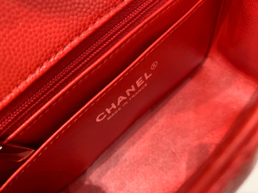 CHANEL MINI SQUARE FLAP BAG 17CM RED CAVIAR SILVER HARDWARE