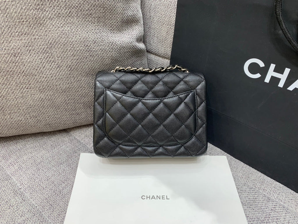 CHANEL MINI SQUARE FLAP BAG 17CM BLACK CAVIAR SILVER HARDWARE