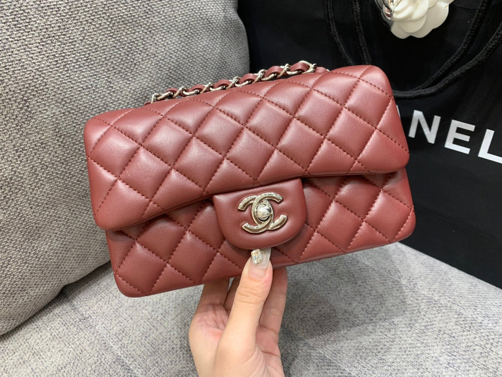 CHANEL MINI RECTANGLE FLAP BAG 20CM BURGUNDY LAMBSKIN SILVER HARDWARE