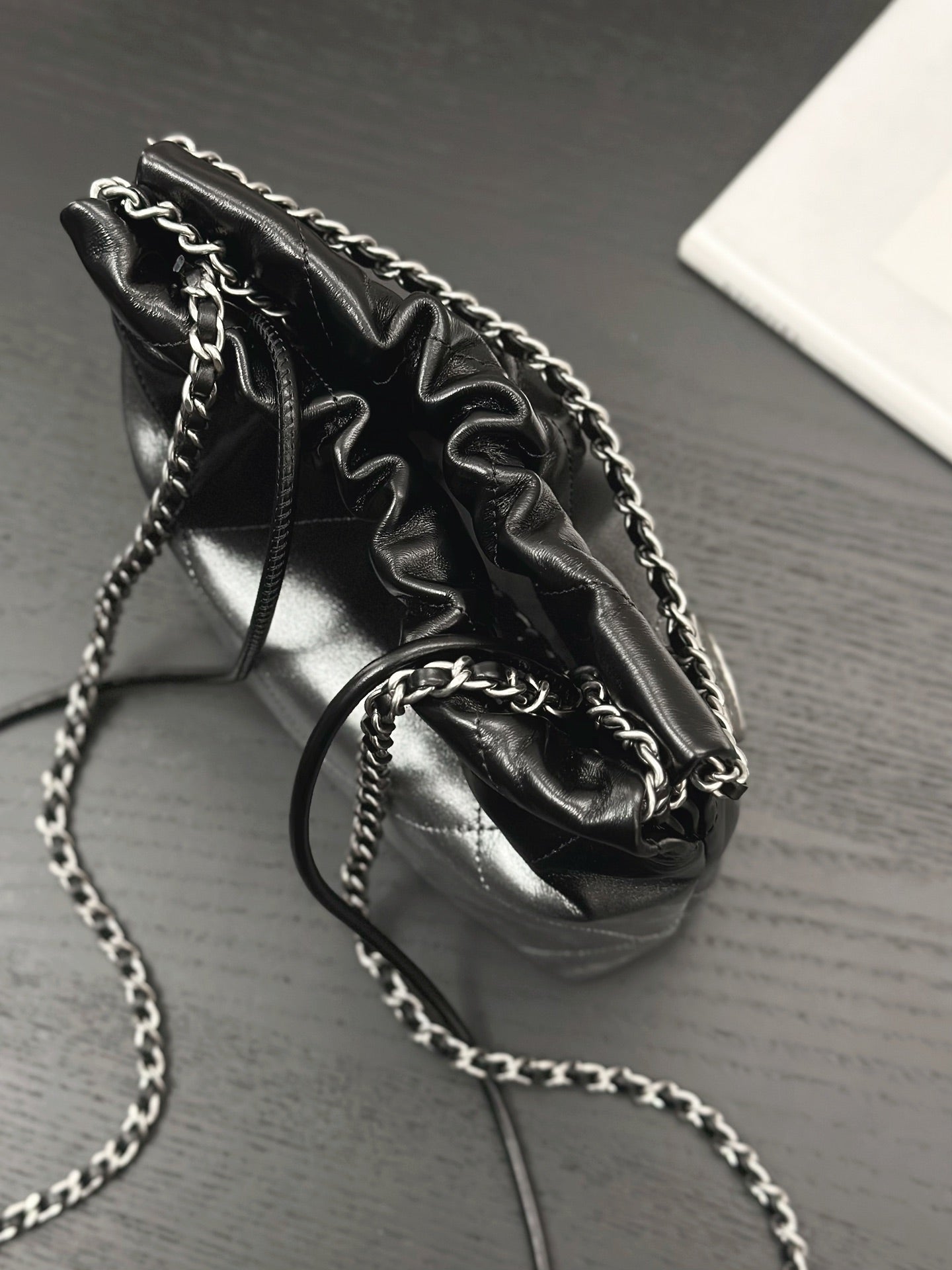 CHANEL HOBO MINI 20CM BLACK GREY LAMBSKIN SILVER HARDWARE