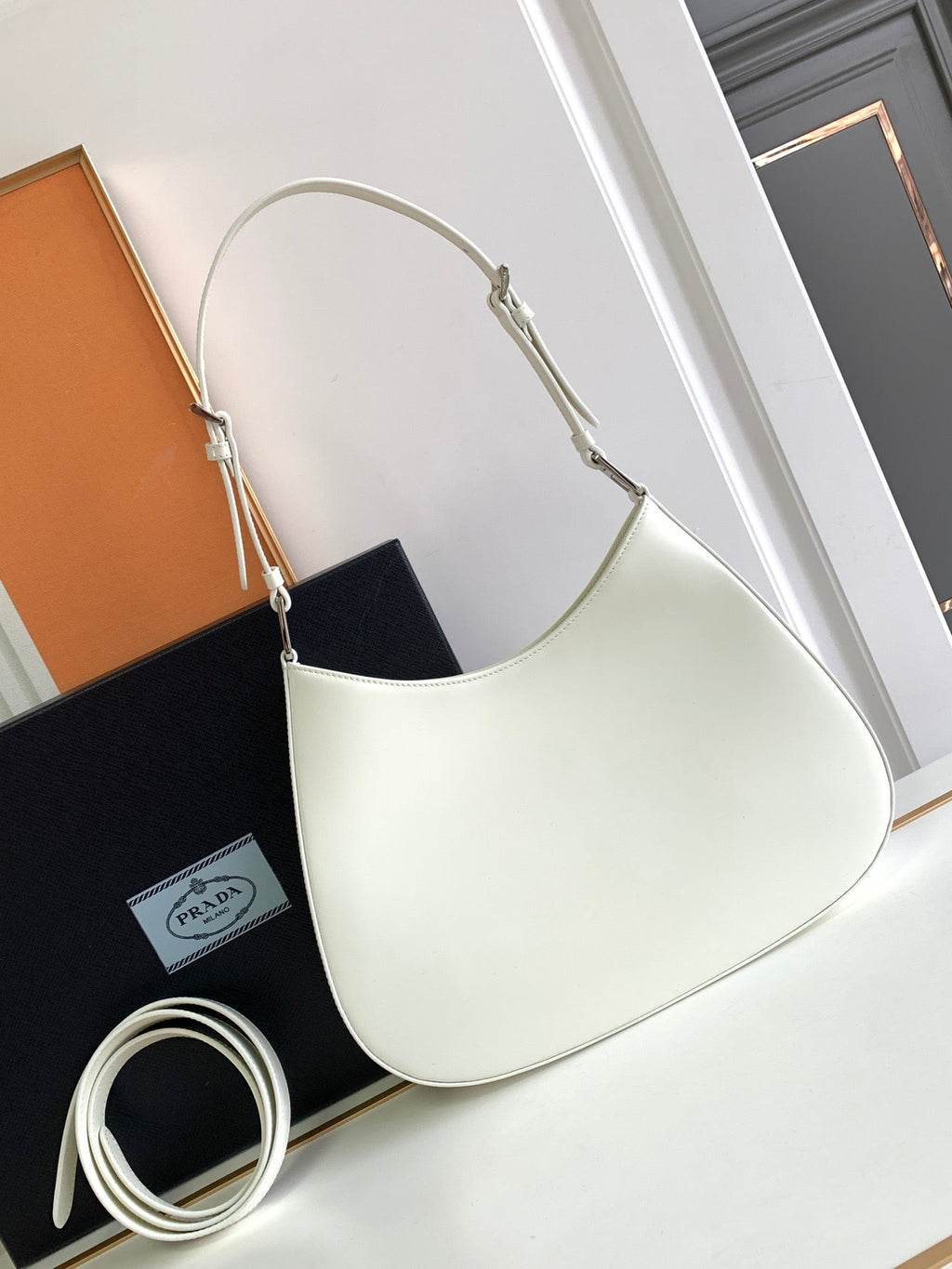 PRADA CLEO 30 WHITE BRUSHED LEATHER SHOULDER BAG