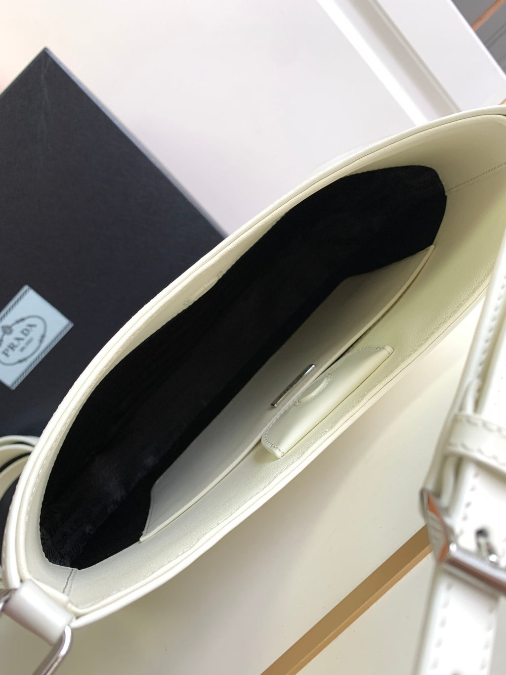 PRADA CLEO 30 WHITE BRUSHED LEATHER SHOULDER BAG
