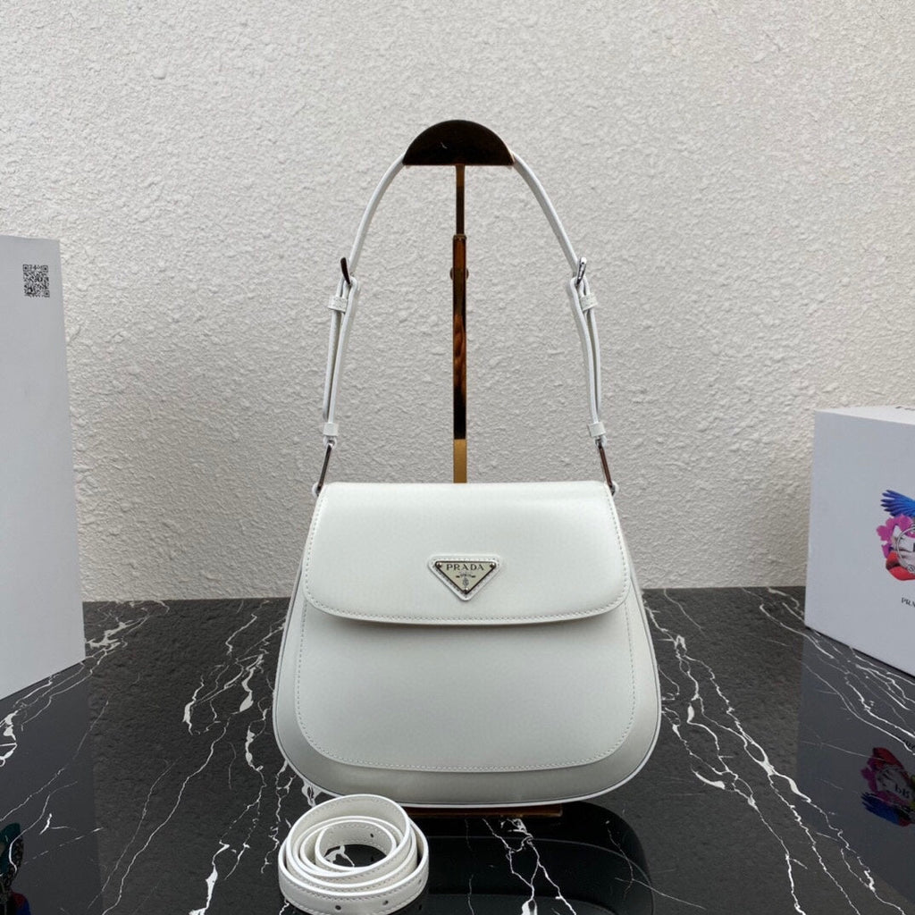 PRADA CLEO 24 WHITE BRUSHED LEATHER SHOULDER BAG
