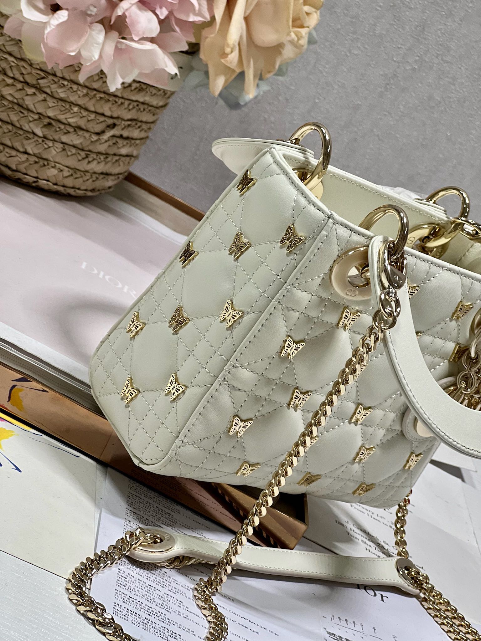DIOR MINI LADY 17 BUTTERFLY STUD WHITE LAMBSKIN