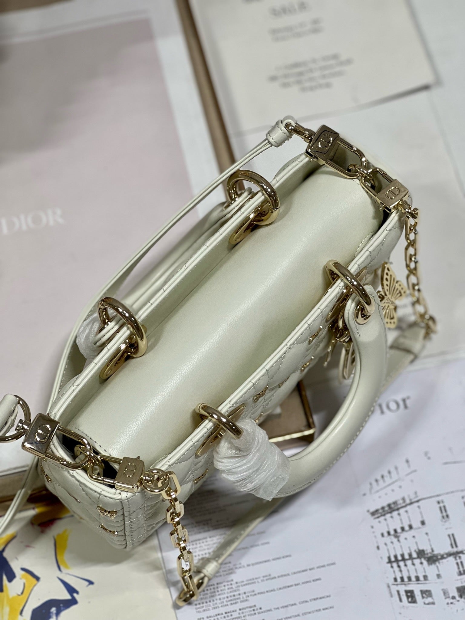 DIOR SMALL LADY D-JOY 22 BUTTERFLY STUD WHITE LAMBSKIN