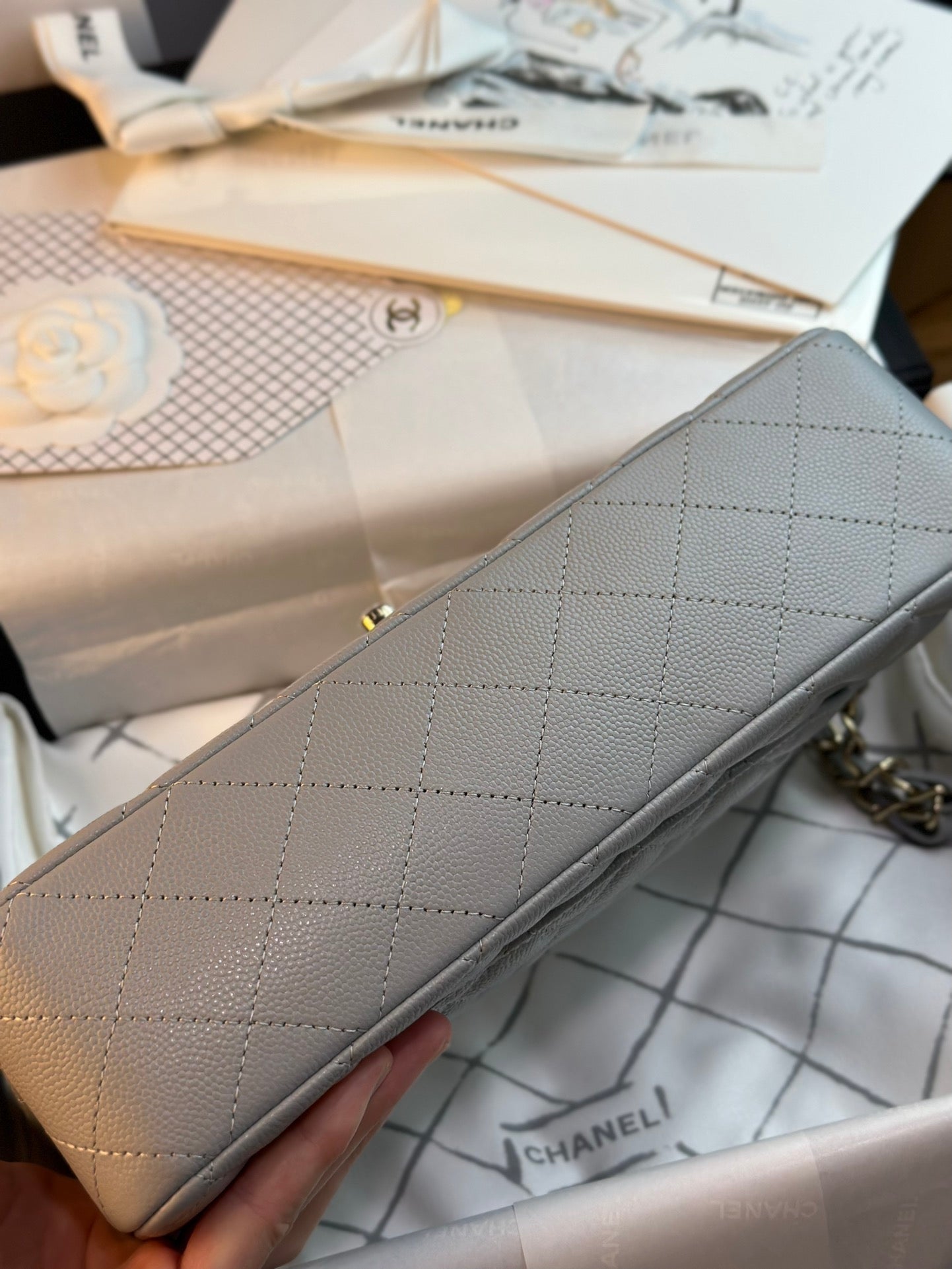 CHANEL FLAP BAG 25CM GOLD HARDWARE GREY CAVIAR
