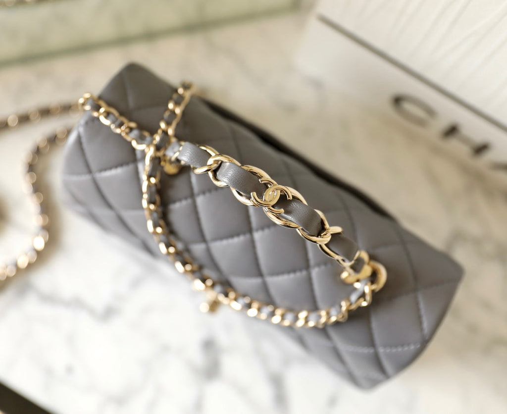 CHANEL MINI RECTANGLE FLAP BAG TOP HANDLE 20CM GREY LAMBSKIN SILVER HARDWARE