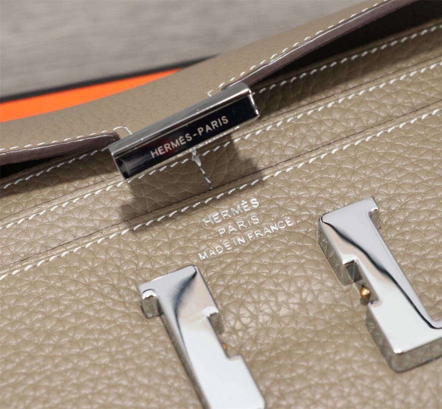 HERMES CLUTCH CONSTANCE 20.5 KHAKI CALFSKIN SILVER HARDWARE