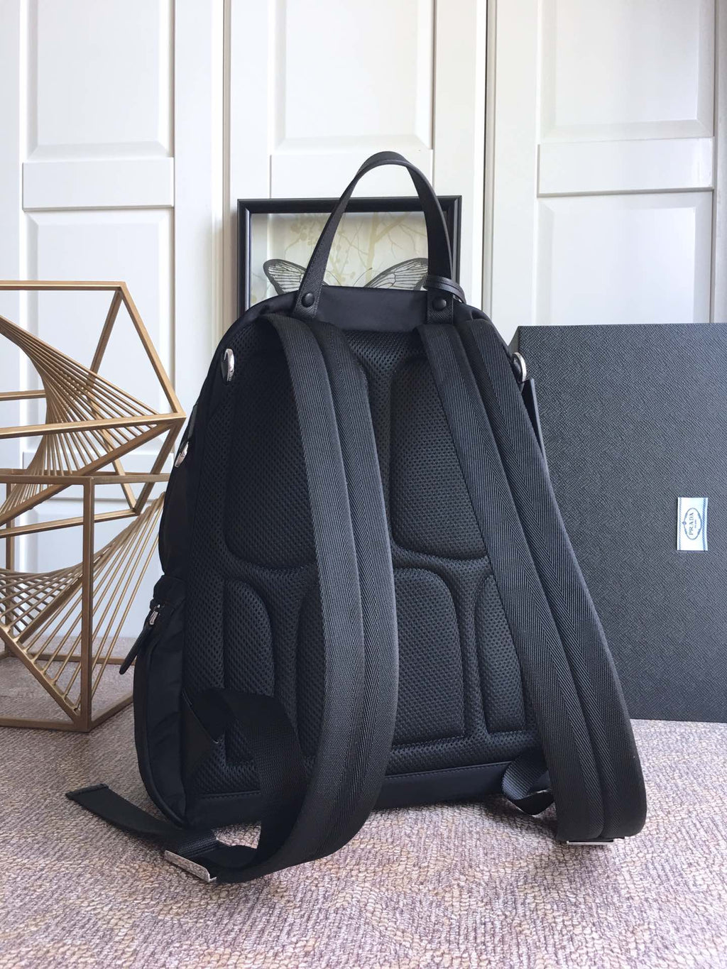 PRADA TRIANGLE LOGO BACKPACK 40 IN BLACK RE-NYLON