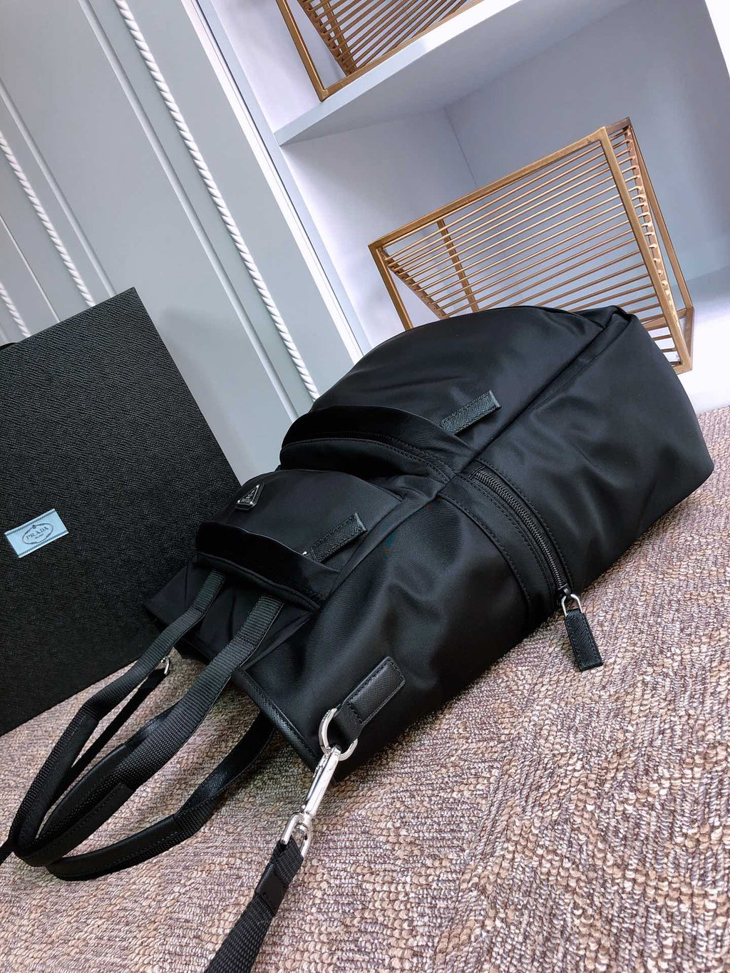 PRADA TOTE BAG 38 IN BLACK RE-NYLON AND SAFFIANO LEATHER TRIM
