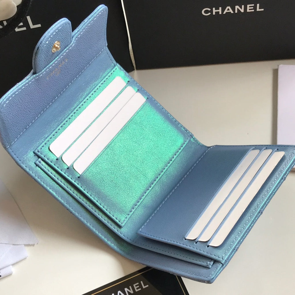 CHANEL FLAP CARD HOLDER 11.5 SKY GRAINED CALFSKIN GOLD ICON