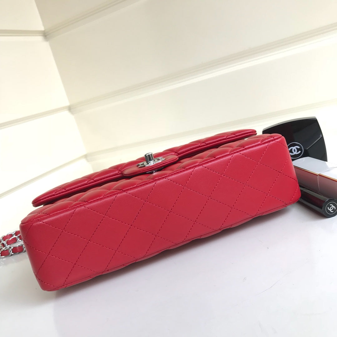 CHANEL FLAP BAG MEDIUM 25CM RED LAMBSKIN SILVER HARDWARE