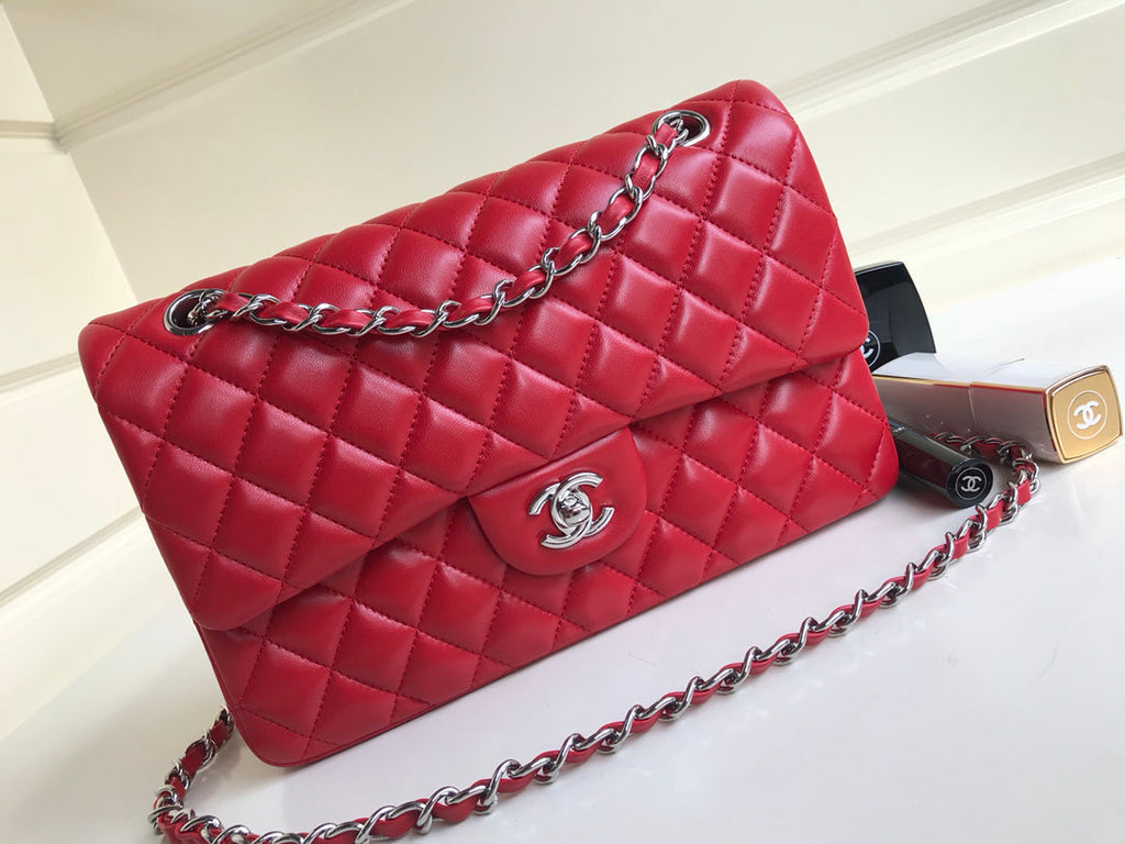 CHANEL FLAP BAG MEDIUM 25CM RED LAMBSKIN SILVER HARDWARE