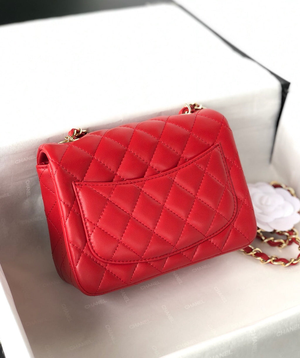 CHANEL MINI SQUARE FLAP BAG 17CM RED LAMBSKIN GOLD HARDWARE