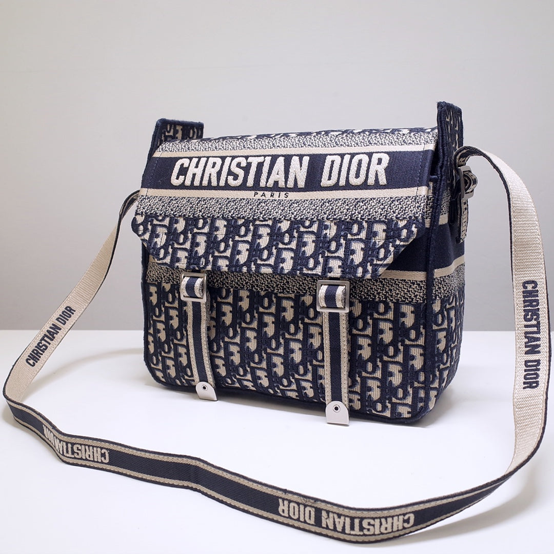 DIOR CAMP DOUBLE BUCKLE BAG 28 IN NAVY BLUE MONOGRAM OBLIQUE JACQUARD