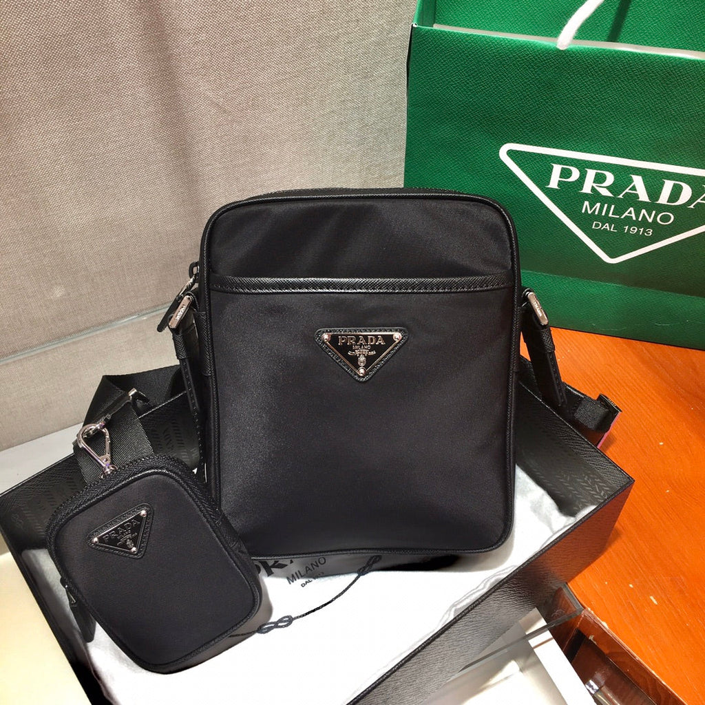PRADA CROSSBODY BAG 20 IN BLACK RE-NYLON AND SAFFIANO LEATHER TRIM