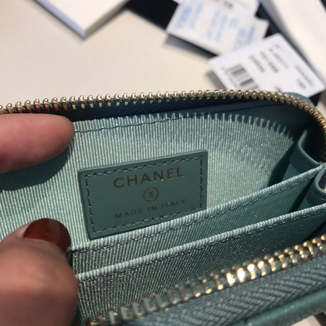 CHANEL ZIPPED COIN BASIC PURSE 11 TEAL CALFSKIN GOLD ICON