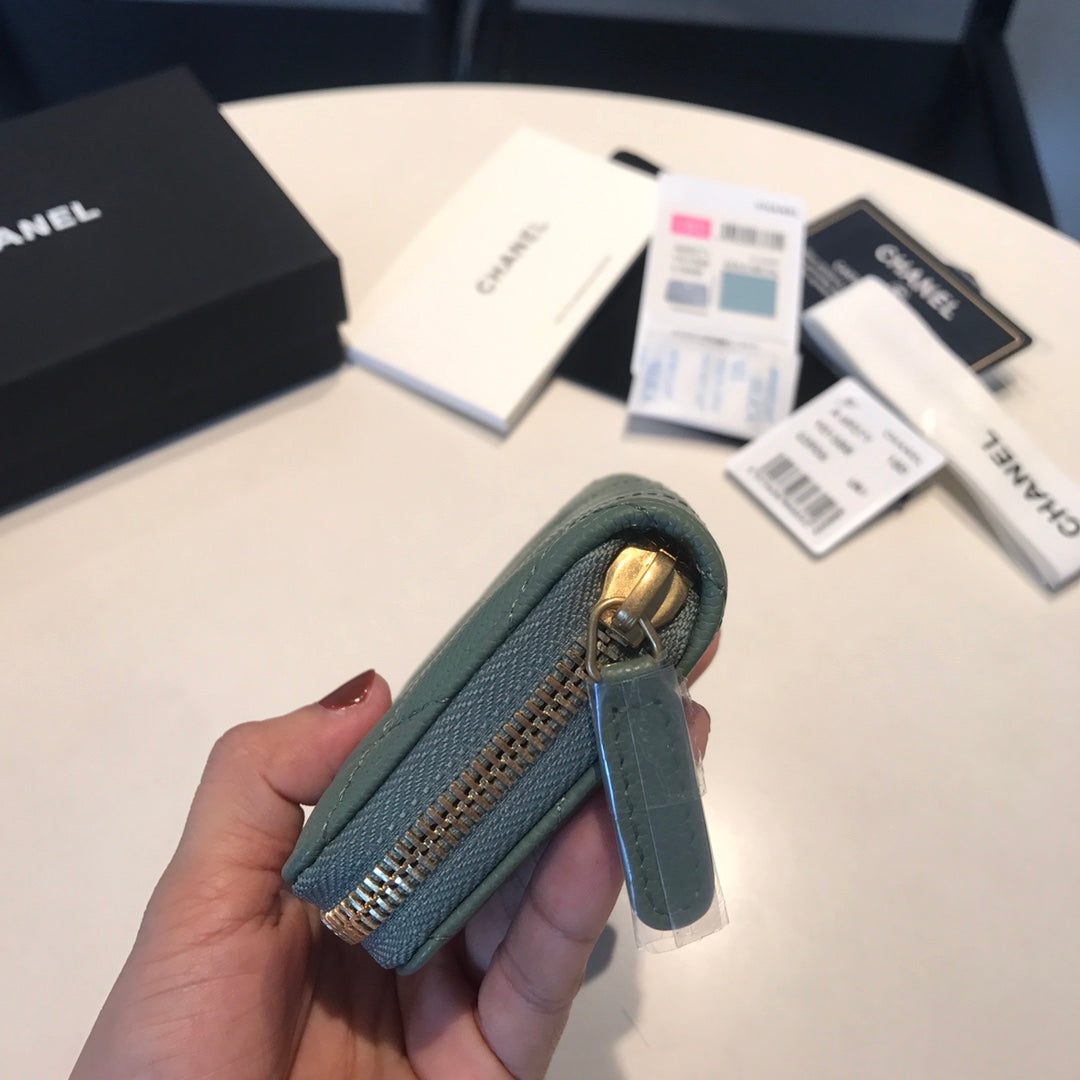 CHANEL ZIPPED COIN BASIC PURSE 11 TURQUOISE CALFSKIN GOLD ICON