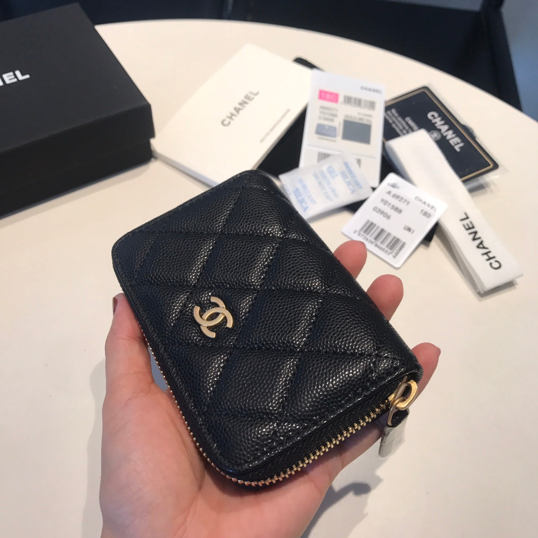 CHANEL ZIPPED COIN BASIC PURSE 11 BLACK CALFSKIN WITH GOLD ICON