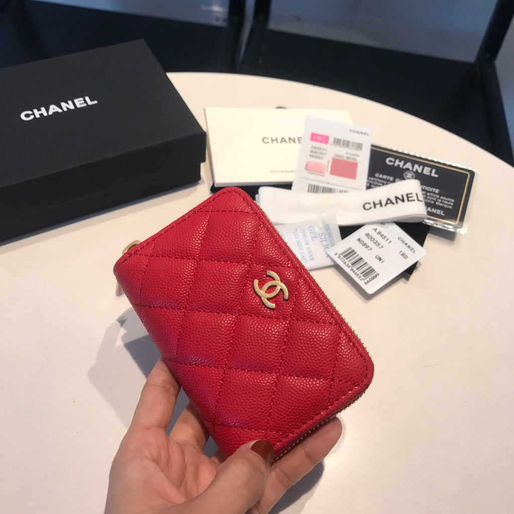 CHANEL ZIPPED CAVIAR PURSE 11 RED CALFSKIN GOLD ICON