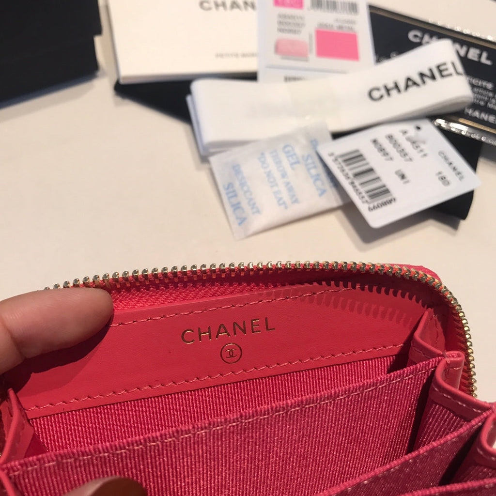 CHANEL ZIPPED CAVIAR PURSE 11 RED PINK CALFSKIN GOLD ICON