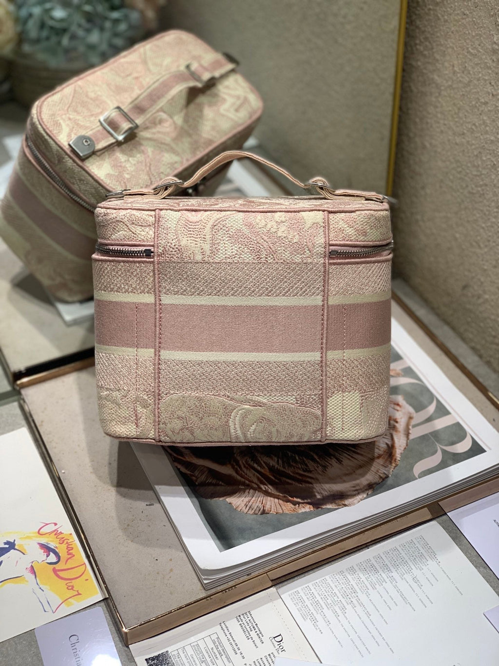 DIOR CROSSBODY MINI 18 VANITY CASE IN PEACH PINK MONOGRAM OBLIQUE JACQUARD