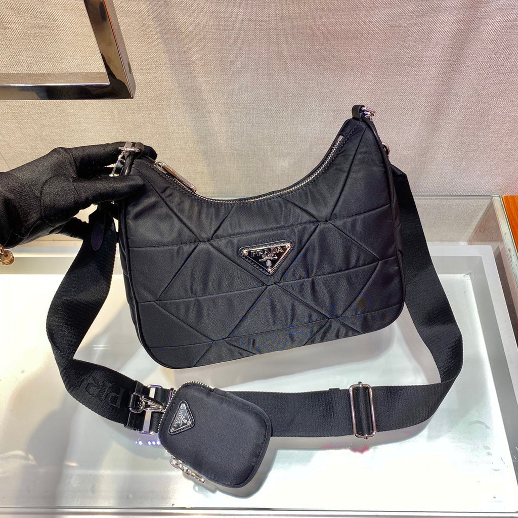 PRADA HOBO BAG 24 IN BLACK TRIANGULAR QUILTED PATTERN RE-NYLON