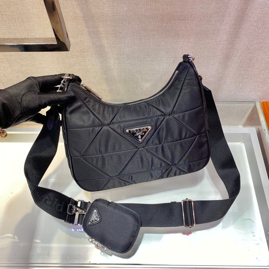 PRADA HOBO BAG 24 IN BLACK TRIANGULAR QUILTED PATTERN RE-NYLON