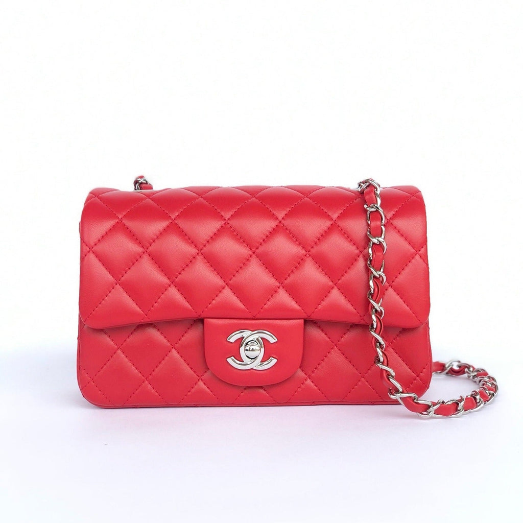 CHANEL MINI RECTANGLE FLAP BAG 20CM RED LAMBSKIN SILVER HARDWARE