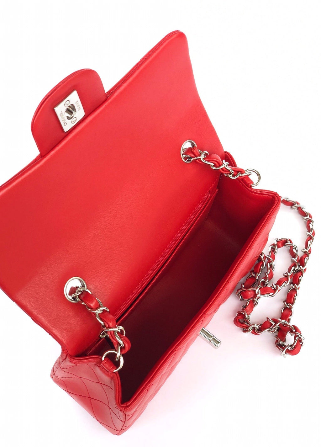 CHANEL MINI RECTANGLE FLAP BAG 20CM RED LAMBSKIN SILVER HARDWARE
