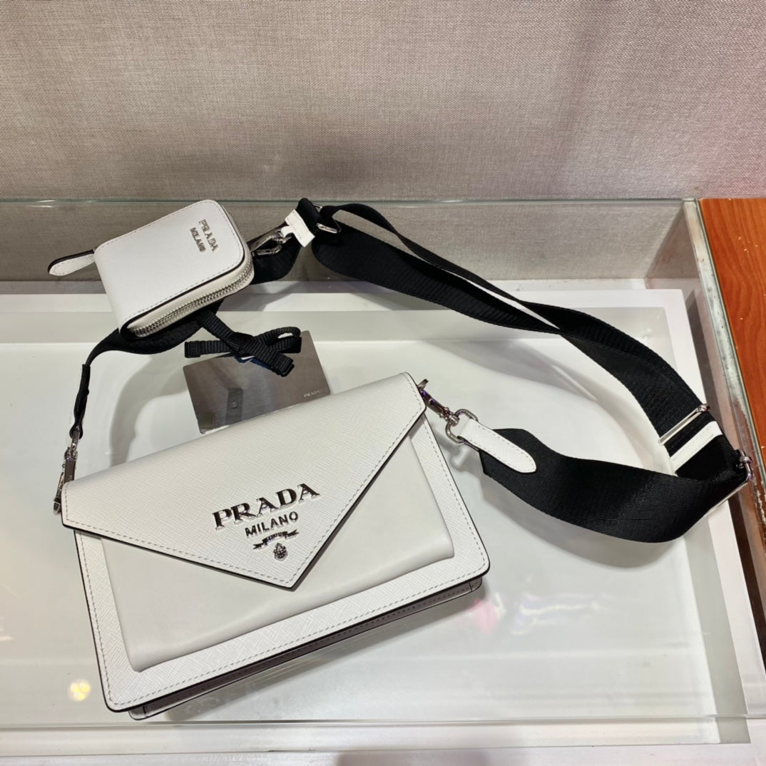 PRADA ENVELOPE FLAP BAG 20 IN WHITE SAFFIANO LEATHER