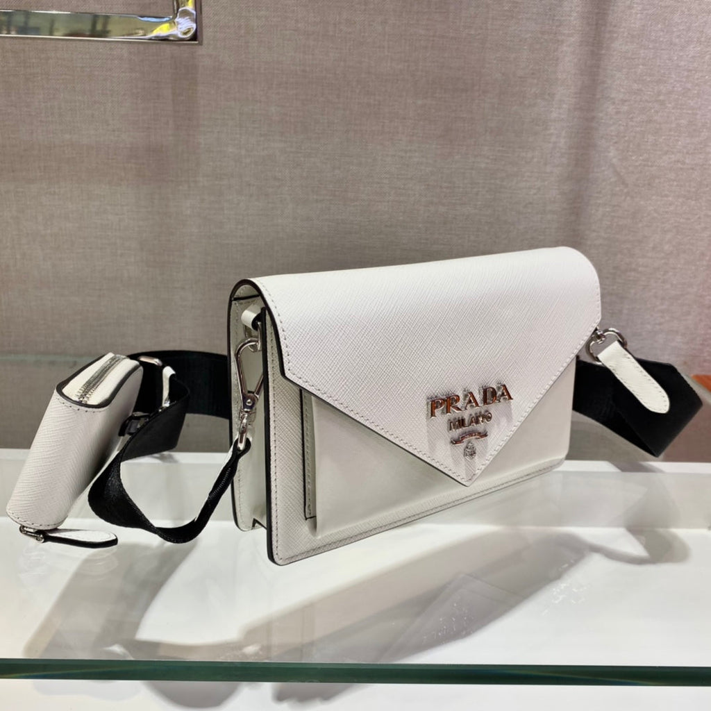 PRADA ENVELOPE FLAP BAG 20 IN WHITE SAFFIANO LEATHER