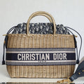 DIOR LARGE 28 BASKET BAG IN BLACK OBLIQUE JACQUARD AND BEIGE WICKER