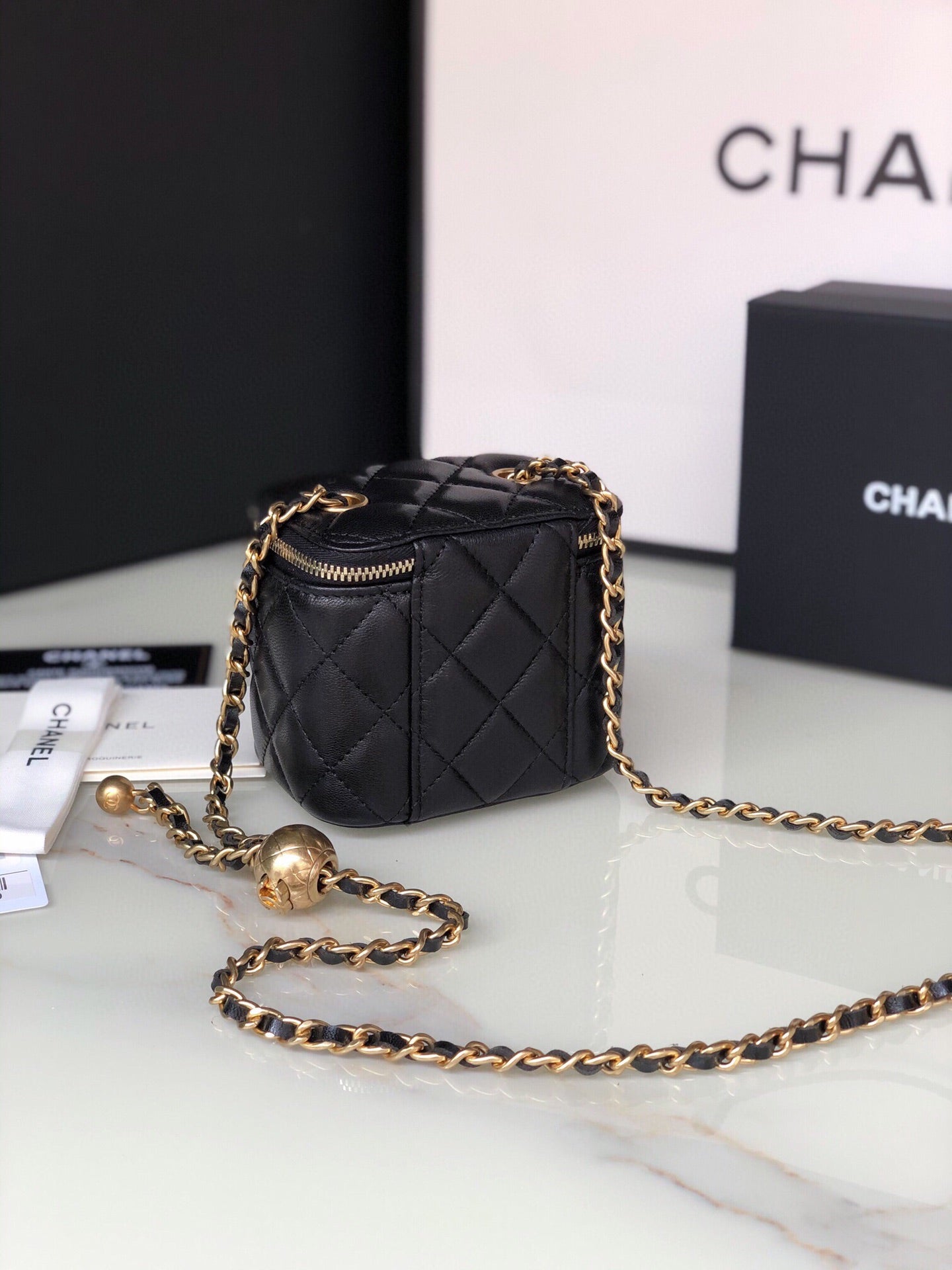 CHANEL MINI 11 VANITY CHAIN IN BLACK CALFSKIN GOLD HARDWARE