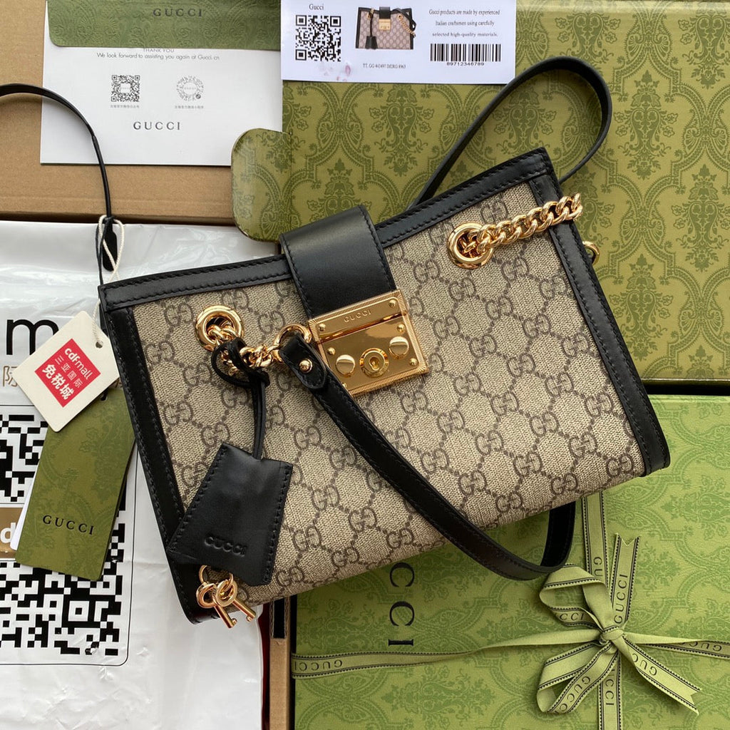 GUCCI PADLOCK MEDIUM 26 SHOULDER BAG BEIGE CANVAS AND BLACK CALFSKIN