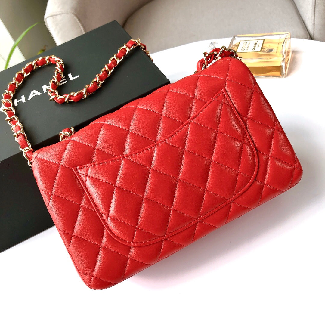 CHANEL MINI RECTANGLE FLAP BAG 20CM RED LAMBSKIN GOLD HARDWARE