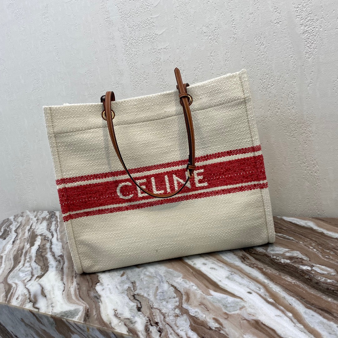 CELINE CANVAS TOTE 43 WHITE/RED DENIM